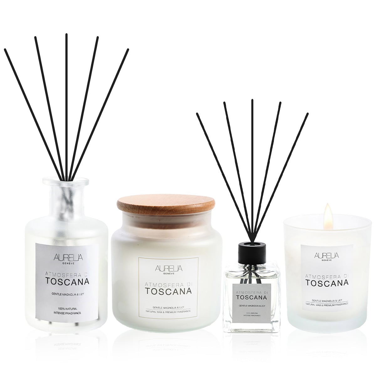 Manolya ve Zambak Kokulu Dörtlü Mum & Çubuklu Oda Kokusu Seti