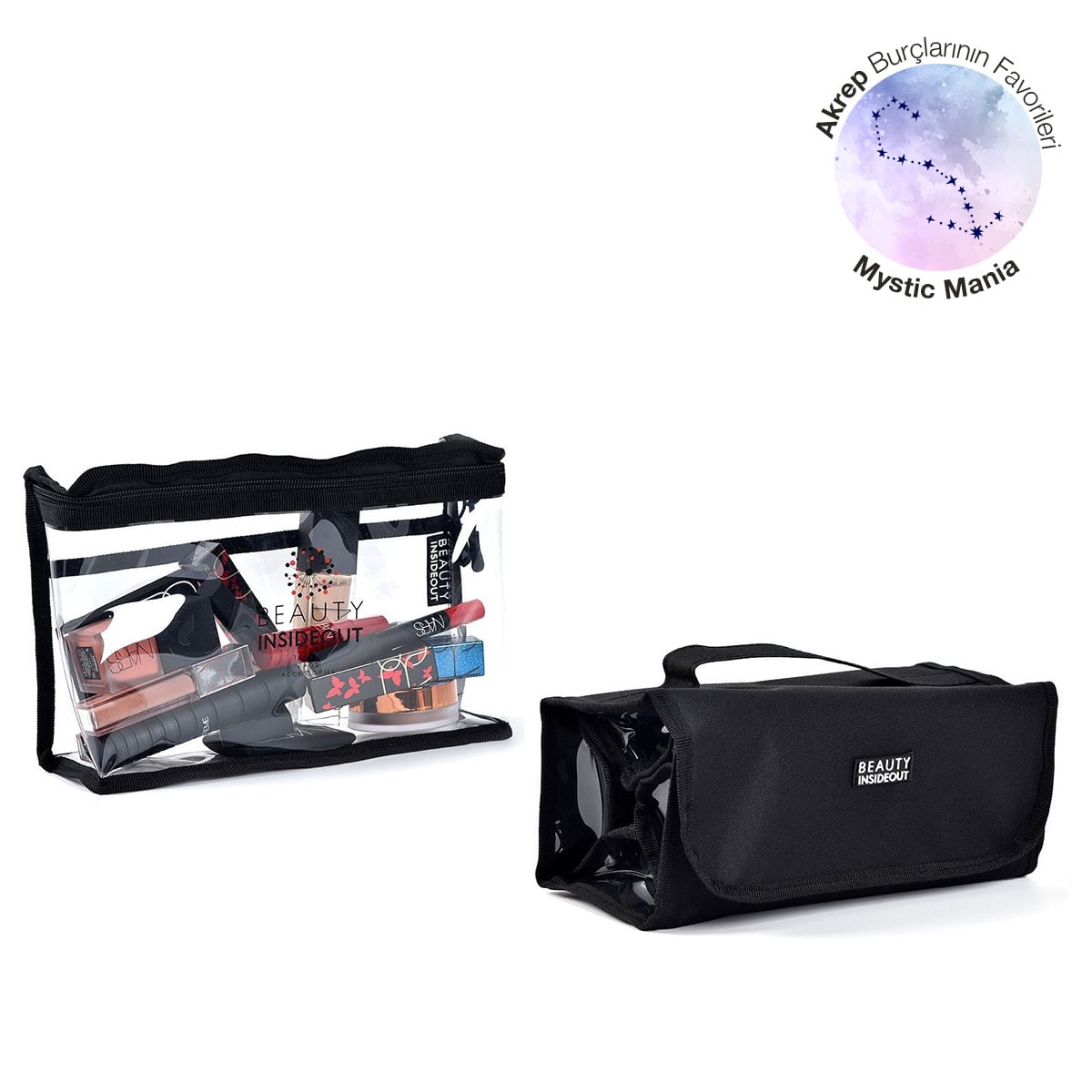 4 Bölmeli ve Cepli İkili Seyahat & Makyaj Çantası Seti